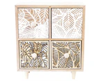 22cm Square 4 Draw Chest, Jewellery Trinket Storage Box, Carved White & Natural Boho Wooden - Natural