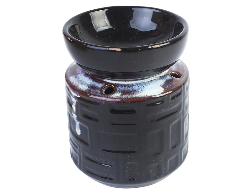 Oil Burner 12cm Round Glazed Ceramic Darker with Marble Detail - Black
