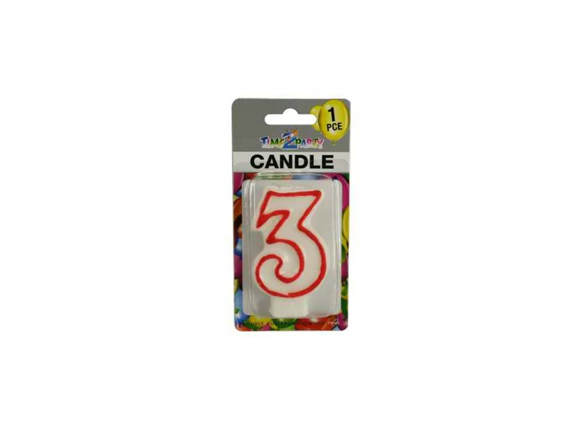 Number "3" Birthday Candle. 7.5cm High. Excellent for Parties. - White