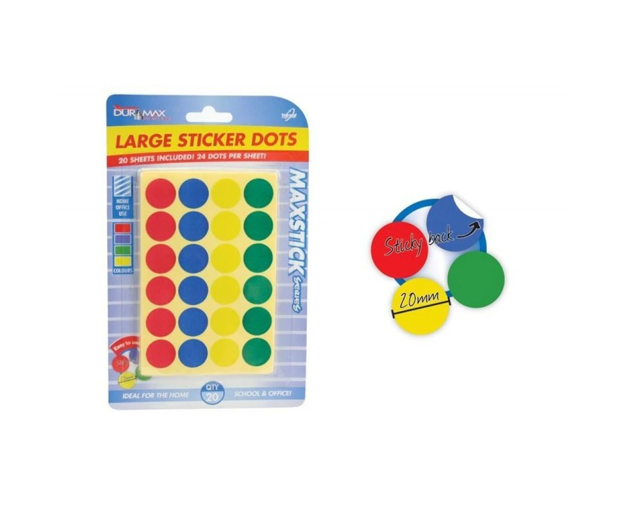 20 x Sheets Large Sticker Dots Red, Blue, Yellow and Green Assorted 20mm Dia