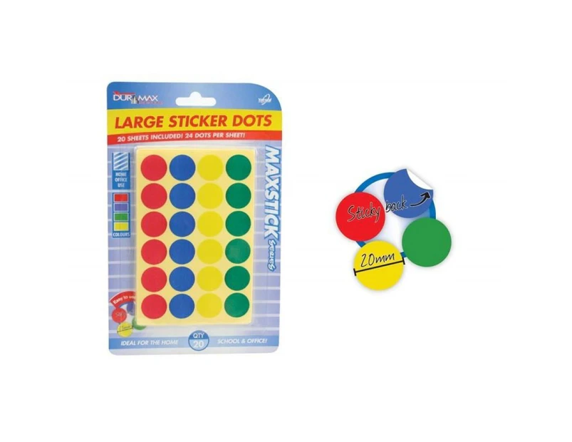 20 x Sheets Large Sticker Dots Red, Blue, Yellow and Green Assorted 20mm Dia