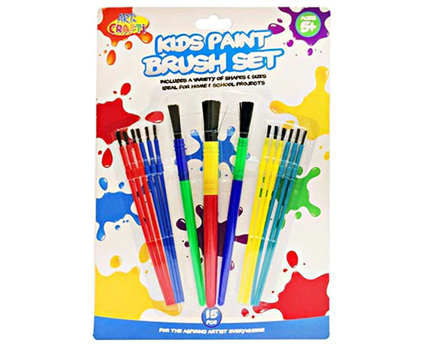 15pce Childrens Paint Brush Set in Vibrant Colours with Easy Grip Handles