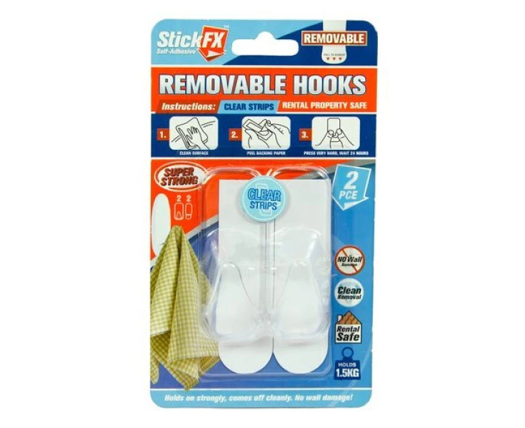 2pce Self Adhesive Hooks 1.5kg Removable Clear Suitable For Photos & Frames - Clear