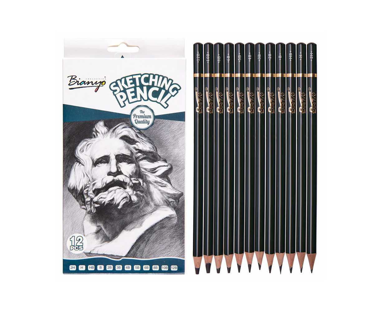 12pce Sketching Graphite Pencils 12 Different Shades HB 2B Quality - Black