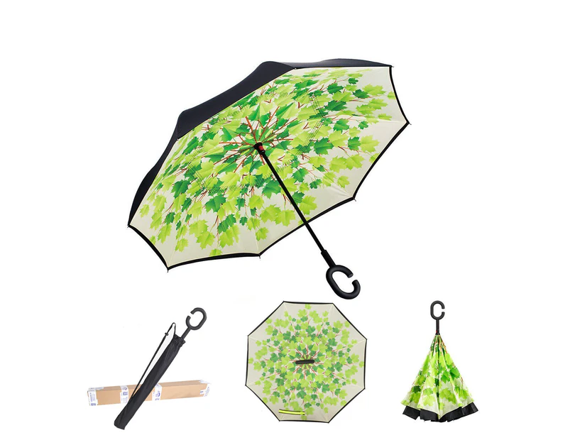 Upside Down Reverse C-Handle Double Layer Windproof Umbrella (With Carry Bag) - Green Leaf Tree Design - Green Leaf Tree Design