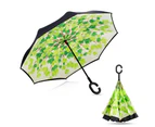 Upside Down Reverse C-Handle Double Layer Windproof Umbrella (With Carry Bag) - Green Leaf Tree Design - Green Leaf Tree Design