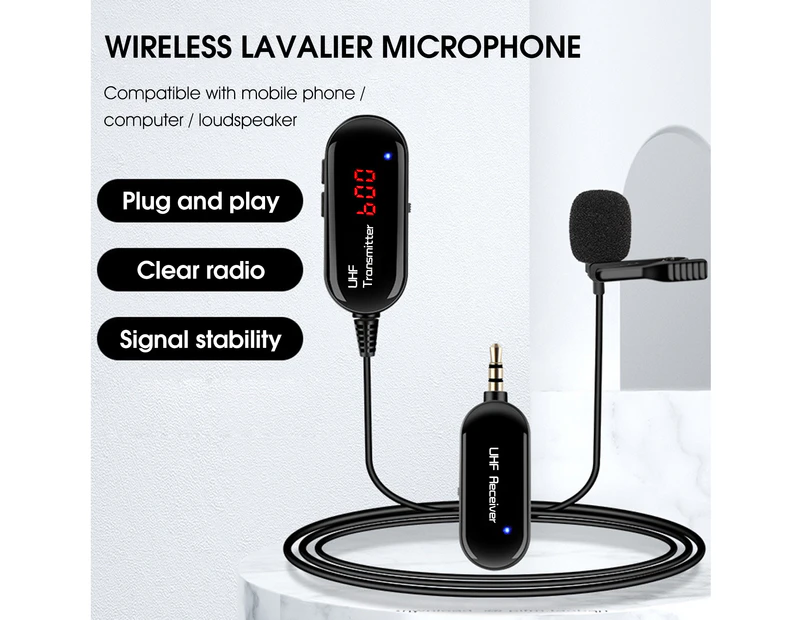 Wireless Microphone Powerful Noise Reduction High Sensitivity UHF Phone Computer Lapel Microphone for Live Streaming Black
