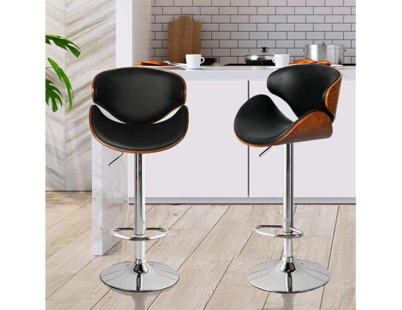 Levede 1x Kitchen Bar Stools Gas Lift Wooden Beech Stool Metal Black Barstools