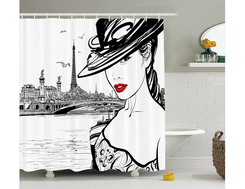 (180cm  W By 210cm  L, Multi 9) - Fashion House Decor Shower Curtain by Ambesonne, Hand Drawn Girl in Makeup by Seine River in Paris European Life Image, F