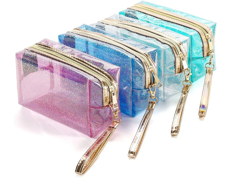 4Pcs Waterproof Cosmetic Bags PVC Transparent Zippered Toiletry Bag with Handle Strap Portable Clear Makeup Bag Pouch -clear