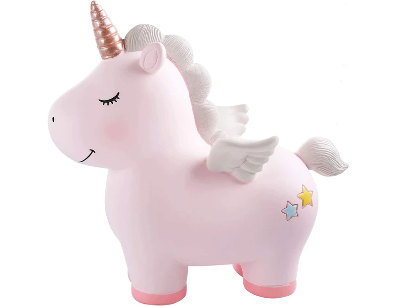 Large Unicorn Piggy Bank for Girl Kids, Resin Pink Coin Money Piggy Bank ,Girls Piggy Bank for Kids, Best Christmas Birthday Gift（8.5×8.5 Inches）