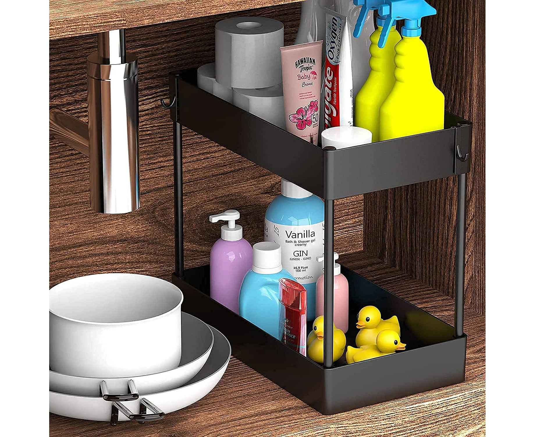 Under Sink Organizer, Under Bathroom Sink Storage 2 Tier Organizer Bath Collection Baskets with Hooks, Black Under Sink Shelf Organizer Rack