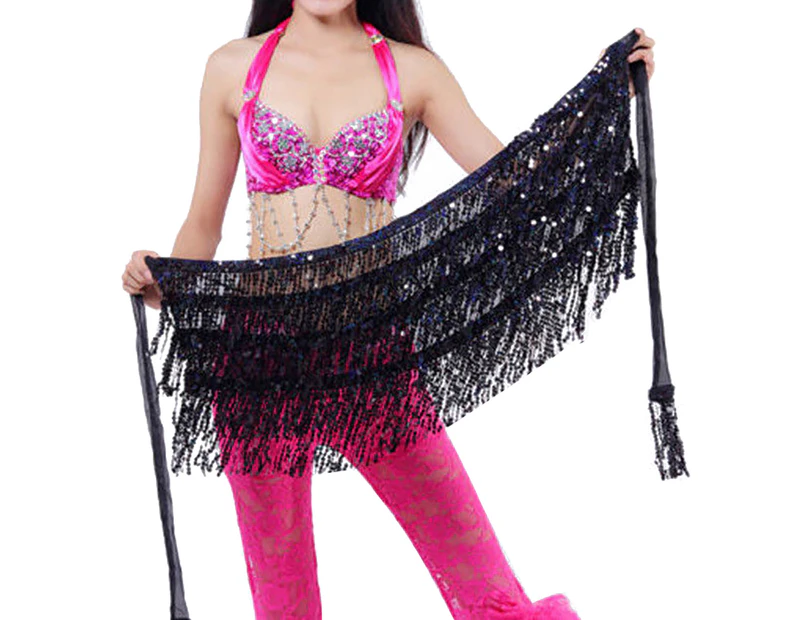 Belly Skirt Sequins Decor Eye-catching Viscose Belly Dance Hip Scarf for Belly Dance Black