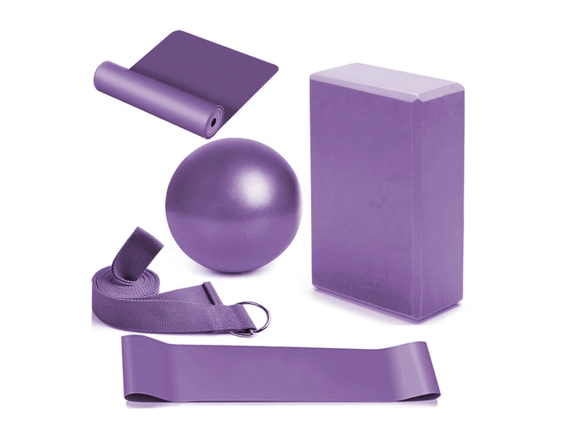 5 Piece Yoga Set Includes Yoga Ball + Yoga Block + Elastic Band + Stretch Band + Resistance Ring -purple