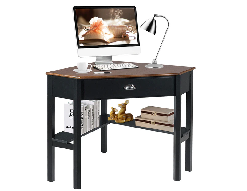 Giantex Corner Computer Desk Laptop Writing Table Workstation W/Storage Shelf & Drawer Black