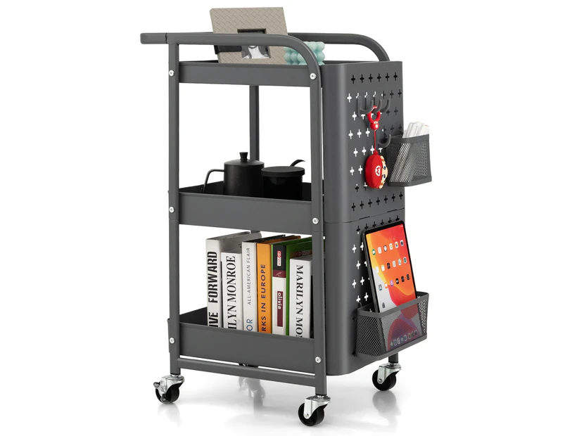 Giantex 3-Tier Rolling Cart Utility Storage Organizer Cart w/DIY Pegboards Baskets Hooks Art Craft Trolley Kitchen Office, Grey