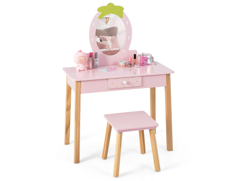 Giantex Kids Vanity Table & Stool Set 2-in-1 Writing Desk & Dressing Table w/Removable Mirror Pretend Play Makeup Table for Little Girls