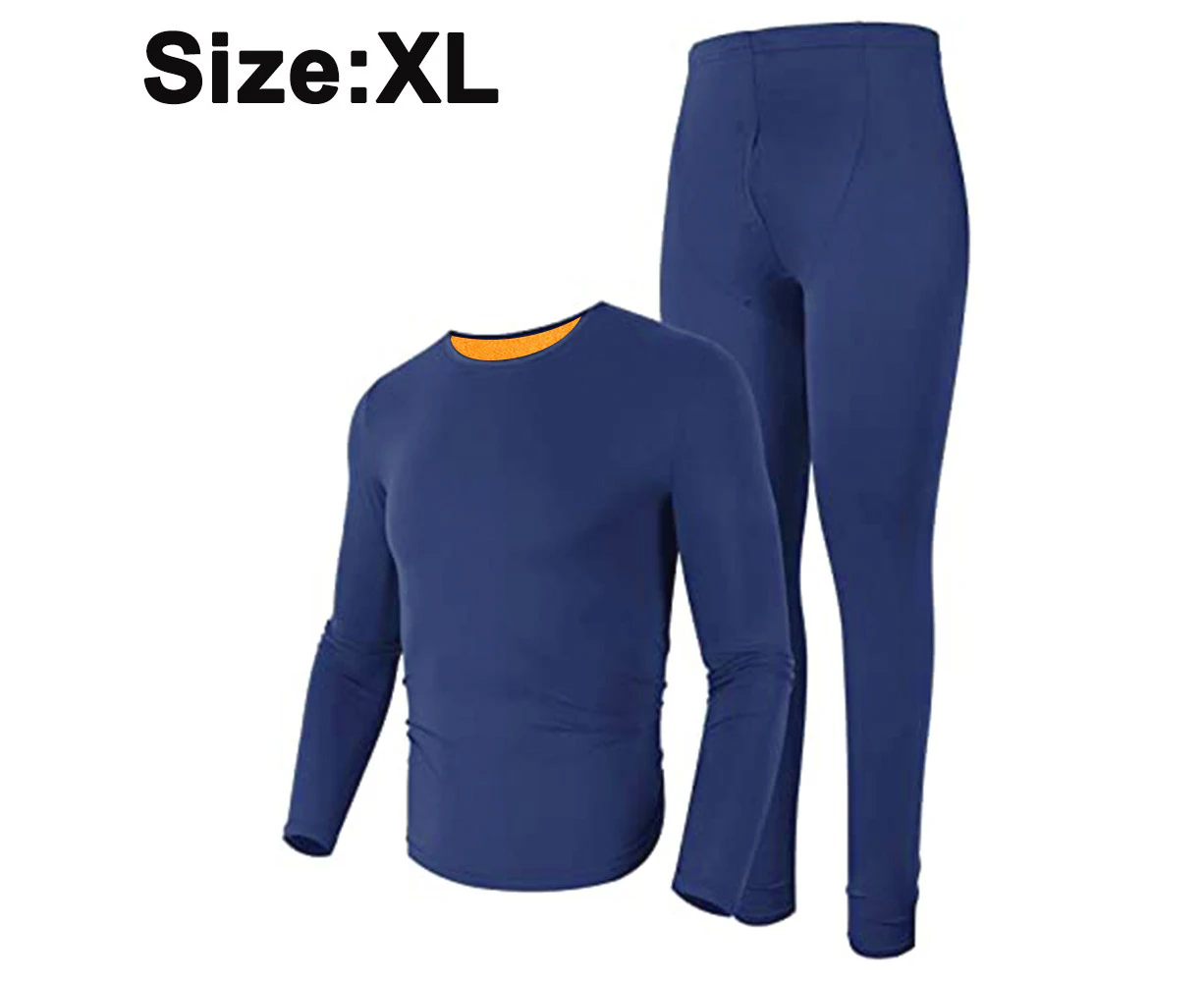 Men & Women's Thermal Underwear Set, Soft Round Neck Plus Velvet Thermal Underwear Autumn Underwear,Winter Warm Base Layer Top & Bottom -Navy Blue XL - Navy Blue