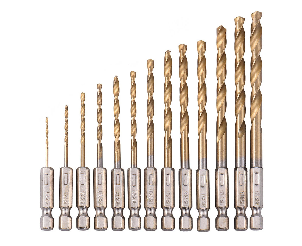 13Pcs HSS Hex Shank Drill Bit Set Quick Speed Change Titanium Coated Twist