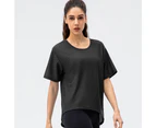 WeMeir Women's Short Sleeve Mesh Sports T-Shirts Loose Fit Yoga Tee Tops Quick Dry Workout Tops-Black
