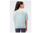 WeMeir Women's Short Sleeve Crewneck T-Shirts Sexy Split Hem Sports Tee Tops Quick Dry Yoga Tops-Blue