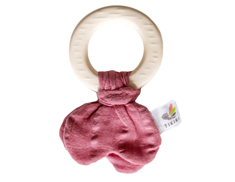 Tikiri Natural Rubber Teether with Muslin Tie - Dusty Pink