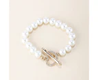 Beaded Bracelet Exquisite Adjustable Glossy INS Sweet Rhinestone Round Imitation Pearl Bracelet for Daily Wear - White