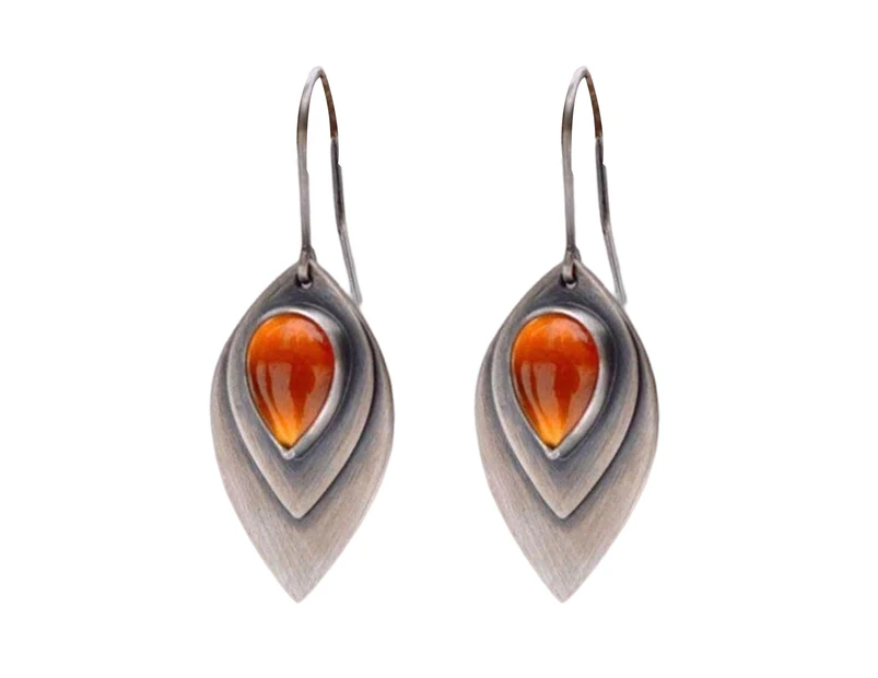 1 Pair Women Earrings Leaf Shape Vintage Retro Engraving Contrast Color Decorate Ear Anti-allergy Stone Inlaid Dangle Earrings Gift - Orange