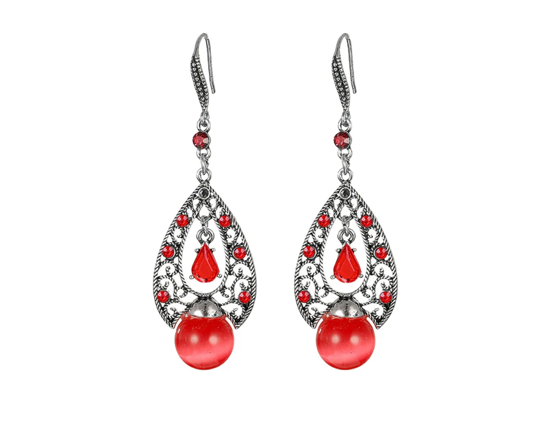 Dangle Earrings Retro Ethnic Style Hollow Out Geometric All-match Decorative Artificial Stone Women Water Drop Pendant Earrings Jewelry Gift for Dating - Red