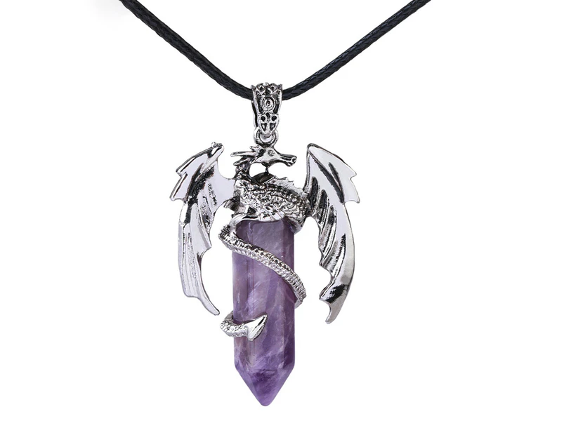 Pendant Necklace Vintage Hexagonal Faux Crystal Pillar Natural Stone Personality Wax Rope Decorative Gift Men Women Animal Dragon Charm Necklace Jewelry - Purple