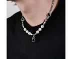 Men Necklace Punk Hip-hop Imitation Pearls Adjustable Electroplating Decoration Gift Male Faux Gem Pendant Necklace Clavicle Chain for Club - Black