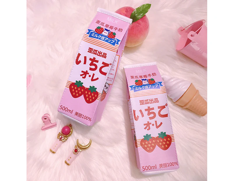 Cute Milk Box Strawberry Pen Box Pencil Pouch Students School Stationery Bag-Pink Strawberry
