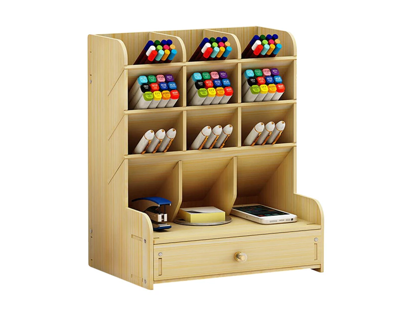 Large Capacity Desktop Pen Holder Pencil Makeup Brush Storage Rack Organizer Box-White Maple Wood