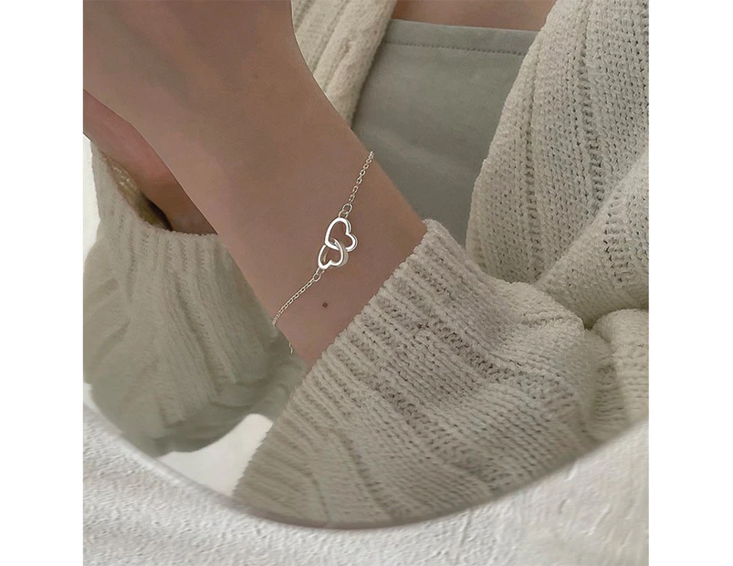 Women Bracelet Sweet Geometric Bright Luster Adjustable Extension Chain Decorative Gift Hollow Love Heart Interlock Chain Bracelet Hand Jewelry for Dating - Silver