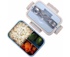 Student Lunch Box Three Grid Plastic Lunch Box-Blue1000Ml Natural Wheat Safety Bento Box With Chopsticks Spoon Blue