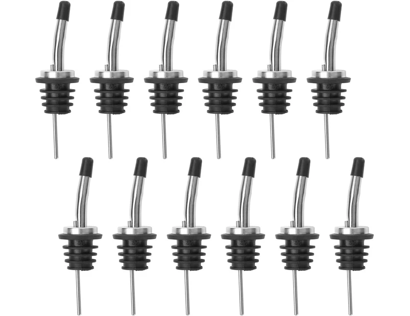 Set Of 12 Classic Bottle Pourers Stainless Steel Tapered Spout Liquor Pourers With Rubber Dust Caps