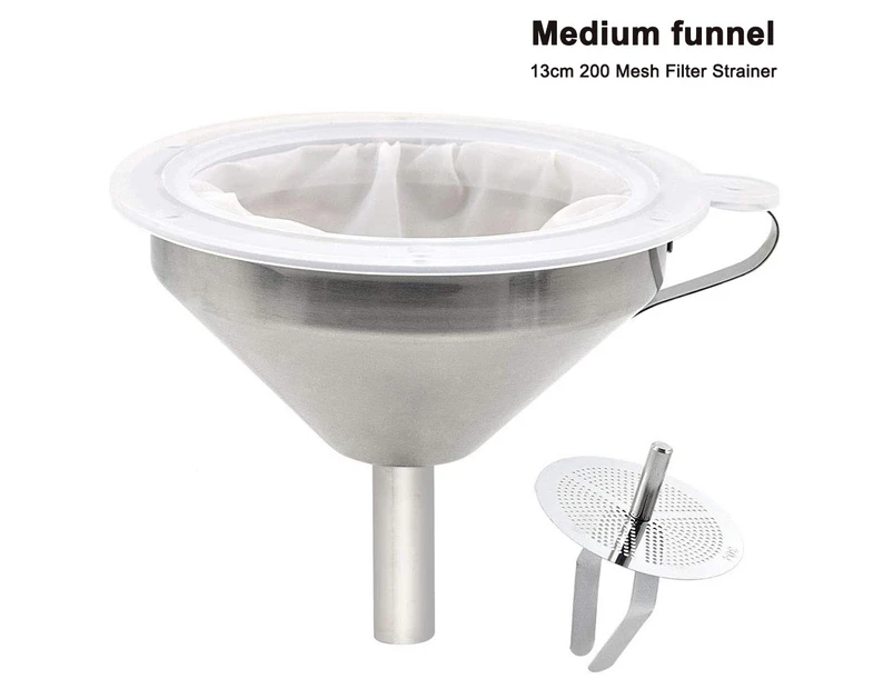 Stainless Steel Kitchen Funnel with Stainless Steel Strainer Filter and 13cm 200 Mesh Food Filter Strainer for Transferring Liquids