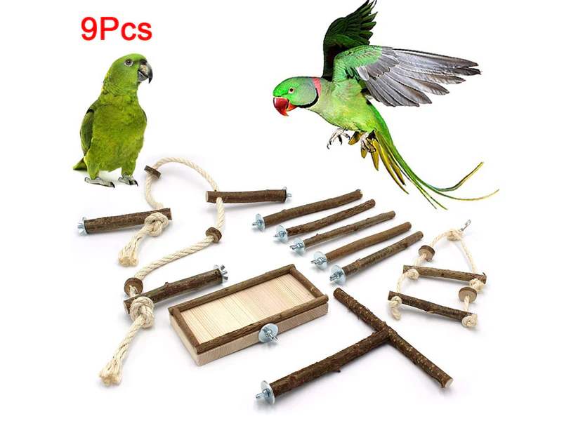 9Pcs Pets Bird Parrot Hamster Wooden Stand Perch Platform Hanging Swing Chew Toy