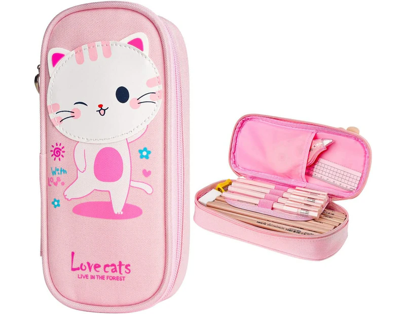 Cute Cartoon Pencil Case for Kids, Big Capacity Canvas Kawaii Pencil Pouch with Zipper, Waterproof & Durable Compartment Large Storage Pencil Bag