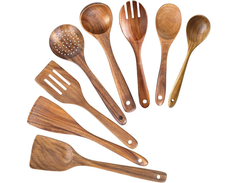 Wooden Spoons for Cooking,Nonstick Kitchen Utensil Set,Wooden Spoons Cooking Utensil Set Non Scratch Natural Teak Wooden Utensils for Cooking(Teak 8 Pack)