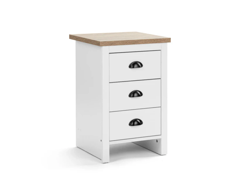 Kodu Hampton Bedside Table 3 Drawer Side Table Nightstand 3 drawers white and woodgrain