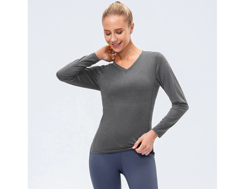 Bonivenshion Women's Long Sleeve Sports Tops Quick Dry Slim Fit V-neck Outdoor Performanece Workout Shirts Tennis Running Tops-Grey