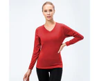 Bonivenshion Women's Long Sleeve Sports Tops Quick Dry Slim Fit V-neck Outdoor Performanece Workout Shirts Tennis Running Tops-Red