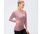 Bonivenshion Women's Long Sleeve Sports Tops Quick Dry Slim Fit V-neck Outdoor Performanece Workout Shirts Tennis Running Tops-Pink