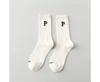 aerkesd 1 Pair Autumn Winter Unisex Socks Letter Print Moisture Absorption Solid Color Korean Middle Tube Socks for Running-Beige - Beige