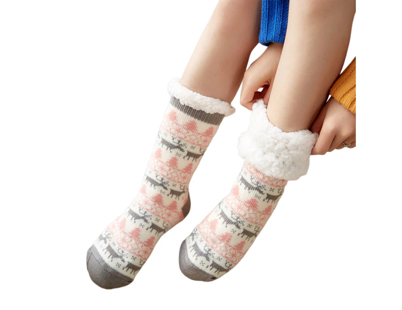aerkesd 1 Pair Floor Socks Sherpa Lining Stretchy Soft Reindeer Pattern Feet Protection Winter Thermal Indoor Home Slipper Sleeping Socks for Home-White - White