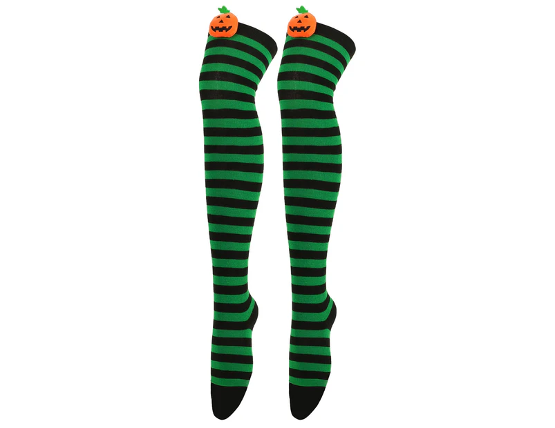 aerkesd 1 Pair Halloween Stockings Over The Knee Pumpkin Striped Soft Keep Warm High Elasticity Solid Color Winter Thigh Socks for Halloween Party-Green - Green