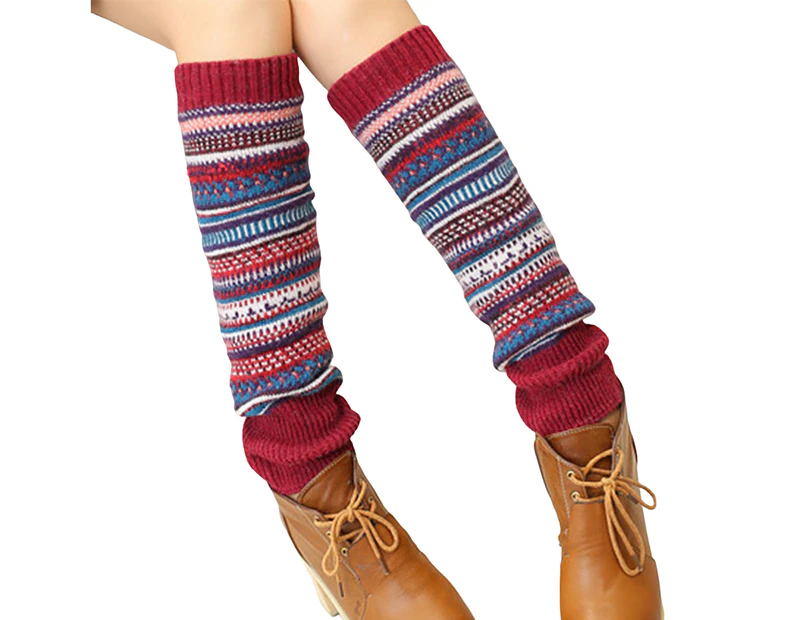aerkesd 1 Pair Ethnic Style Striped Print Ribbed Cuffs Knee High Knitted Leg Warmers Autumn Winter Women Warm Boot Stockings-Wine Red One Size - Wine Red