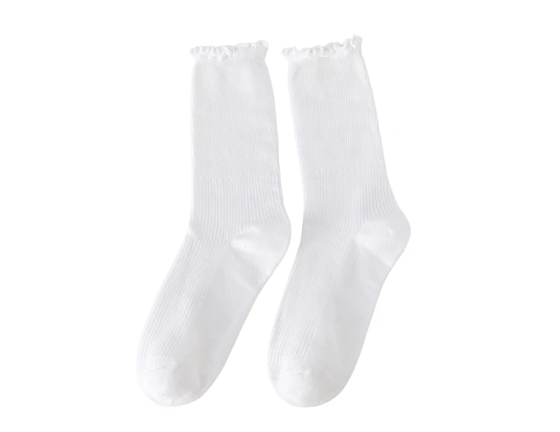 aerkesd 1 Pair Japanese Style Ribbed Solid Color Thermal Socks Spring Autumn Women Ruffle Cuffs Mid-Tube Socks-One Size White - White