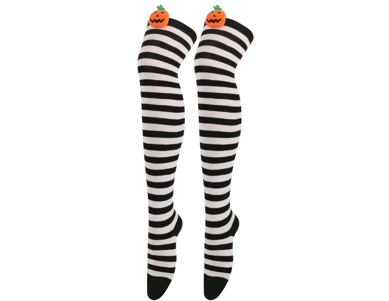 aerkesd 1 Pair Halloween Stockings Over The Knee Pumpkin Striped Soft Keep Warm High Elasticity Winter Thigh Socks for Halloween Party-White Black - White Black